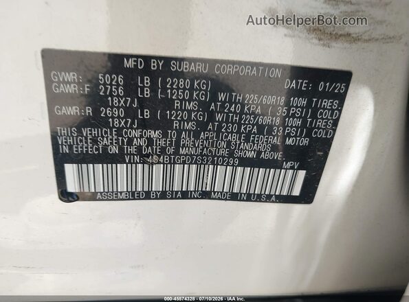 4S4BTGPD7S3210299 2025 SUBARU OUTBACK White Շարժիչի բաժամունքի տեսք