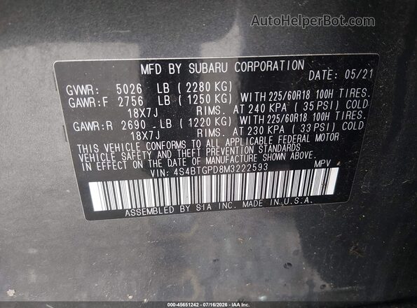4S4BTGPD8M3222593 2021 SUBARU OUTBACK Gray Vista del compartimento del motor