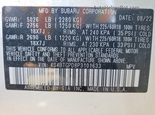 4S4BTGPD8P3101633 2023 SUBARU OUTBACK White VIN sticker view
