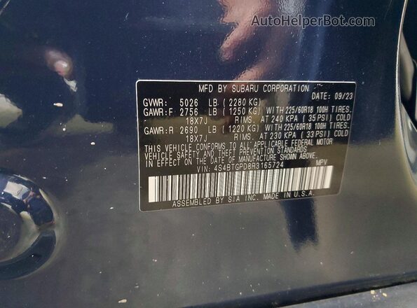 4S4BTGPD8R3165724 2024 SUBARU OUTBACK Blue Vista de la etiqueta del VIN