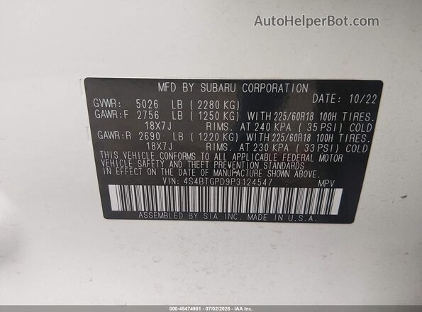 4S4BTGPD9P3124547 2023 SUBARU OUTBACK White Vista del compartimento del motor