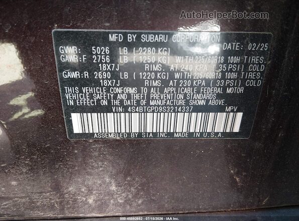 4S4BTGPD9S3214337 2025 SUBARU OUTBACK Maroon Вид підкапотного простору