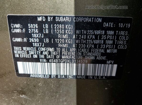 4S4BTGPDXL3134529 2020 SUBARU OUTBACK Green VIN sticker view