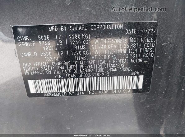 4S4BTGPDXN3268265 2022 SUBARU OUTBACK Серый Вид подкапотного пространства
