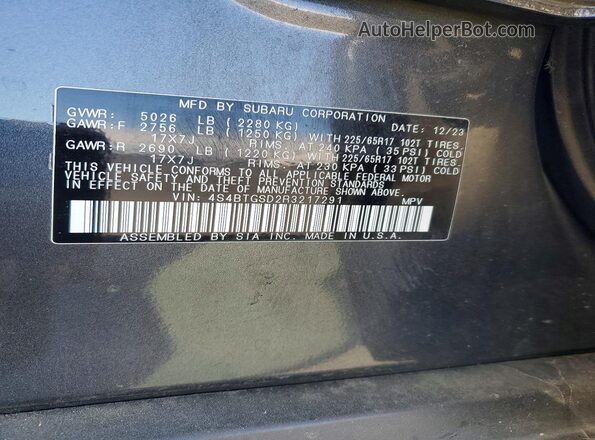 4S4BTGSD2R3217291 2024 SUBARU OUTBACK Gray Widok naklejki z numerem VIN