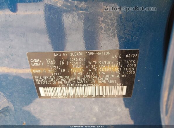 4S4BTGSD4N3226682 2022 SUBARU OUTBACK Blue Engine compartment view