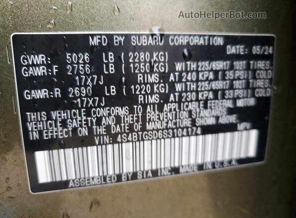 4S4BTGSD6S3104174 2025 SUBARU OUTBACK Green Widok wnętrza 360 stopni