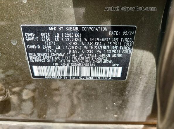 4S4BTGUD0R3255180 2024 SUBARU OUTBACK Green Вид наклейки з VIN-кодом