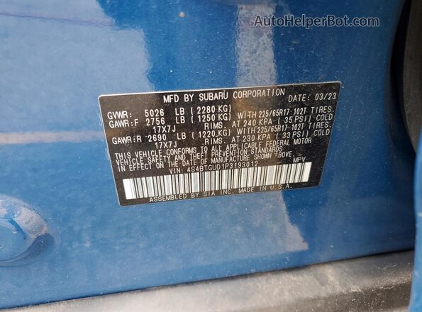 4S4BTGUD1P3193012 2023 SUBARU OUTBACK Blue VIN sticker view