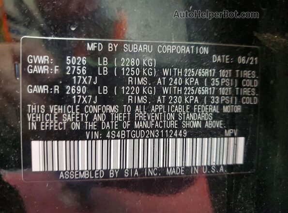 4S4BTGUD2N3112449 2022 SUBARU OUTBACK Black Widok komory silnika