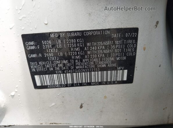 4S4BTGUD2N3272153 2022 SUBARU OUTBACK White Вид підкапотного простору