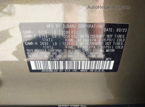 4S4BTGUD2P3202588 2023 SUBARU OUTBACK Green Вид підкапотного простору