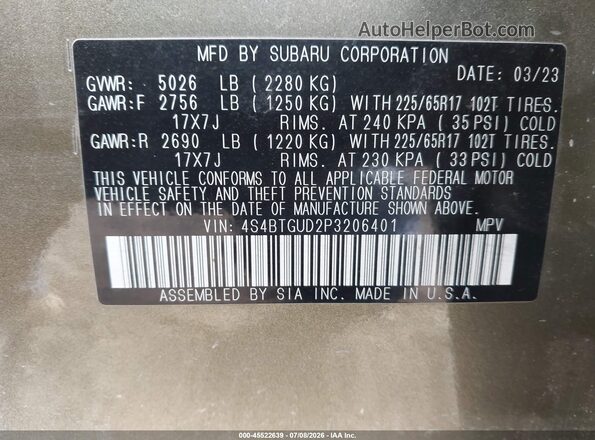 4S4BTGUD2P3206401 2023 SUBARU OUTBACK Green Vista del compartimento del motor