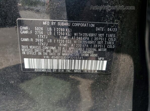 4S4BTGUD2P3210741 2023 SUBARU OUTBACK Black Widok naklejki z numerem VIN