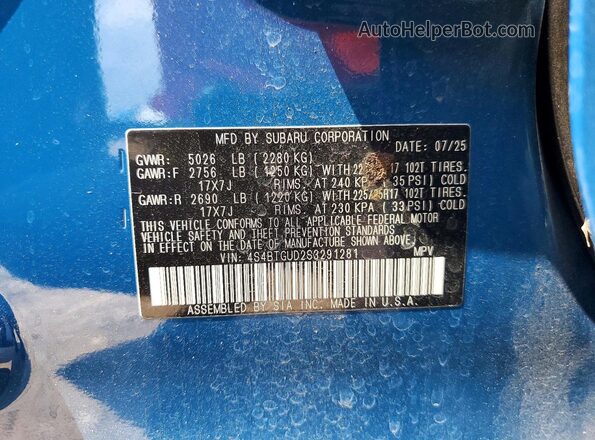 4S4BTGUD2S3291281 2025 SUBARU OUTBACK Blue Widok naklejki z numerem VIN