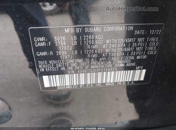 4S4BTGUD3P3159623 2023 SUBARU OUTBACK Black ძრავის განყოფილების ხედი