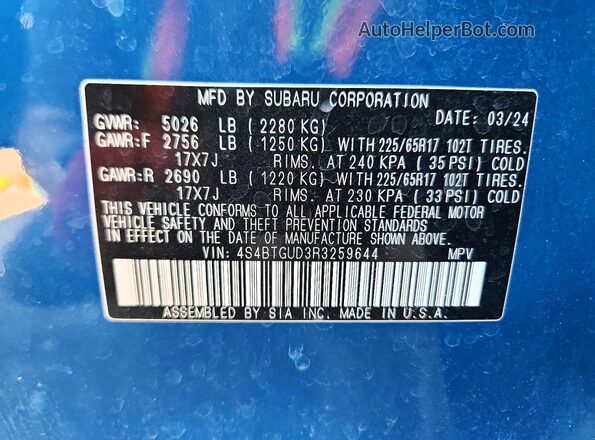 4S4BTGUD3R3259644 2024 SUBARU OUTBACK Blue Vista de la etiqueta del VIN