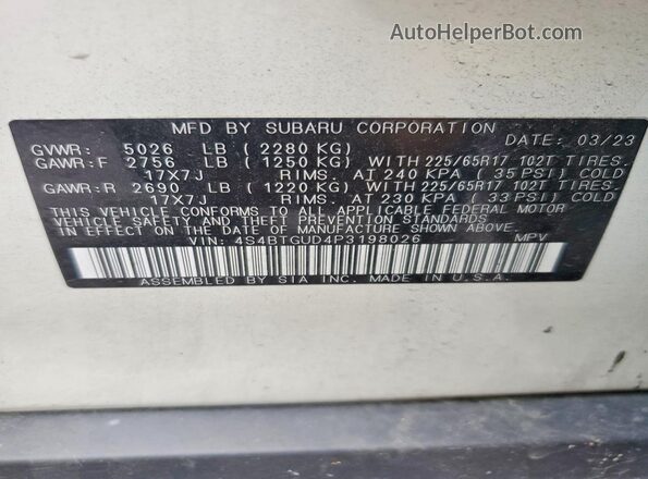 4S4BTGUD4P3198026 2023 SUBARU OUTBACK White Vista de la etiqueta del VIN