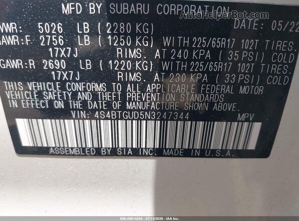 4S4BTGUD5N3247344 2022 SUBARU OUTBACK White Vista del compartimento del motor