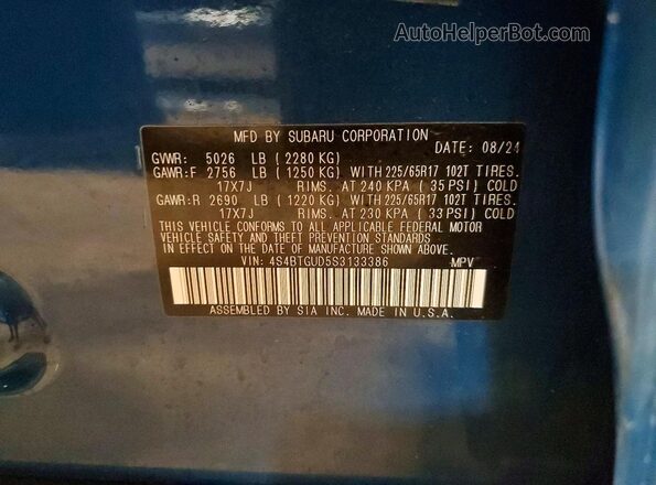 4S4BTGUD5S3133386 2025 SUBARU OUTBACK Blue VIN კოდის სტიკერის ხედი