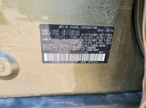 4S4BTGUD5S3143285 2025 SUBARU OUTBACK Зеленый Вид наклейки с VIN-кодом