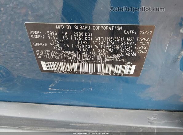 4S4BTGUD6N3217513 2022 SUBARU OUTBACK Blue ძრავის განყოფილების ხედი