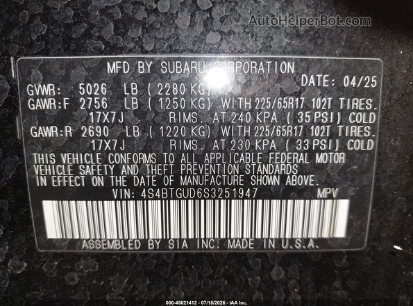 4S4BTGUD6S3251947 2025 SUBARU OUTBACK Black ძრავის განყოფილების ხედი