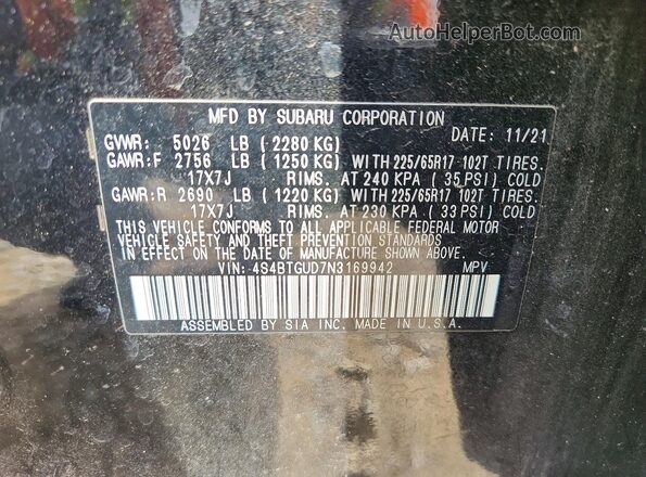 4S4BTGUD7N3169942 2022 SUBARU OUTBACK Black სალონის 360-გრადუსიანი ხედი