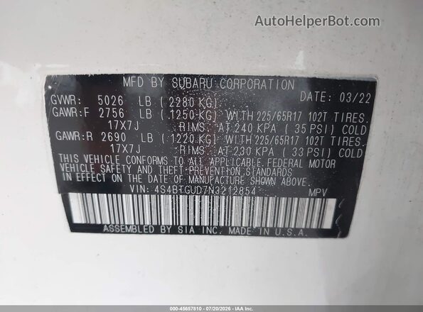 4S4BTGUD7N3212854 2022 SUBARU OUTBACK White Widok komory silnika