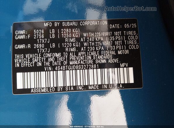 4S4BTGUD8S3272881 2025 SUBARU OUTBACK Blue Շարժիչի բաժամունքի տեսք