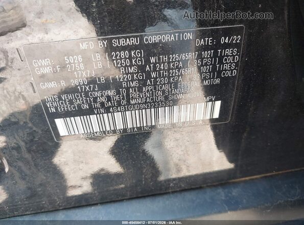 4S4BTGUD9N3233530 2022 SUBARU OUTBACK Black ძრავის განყოფილების ხედი