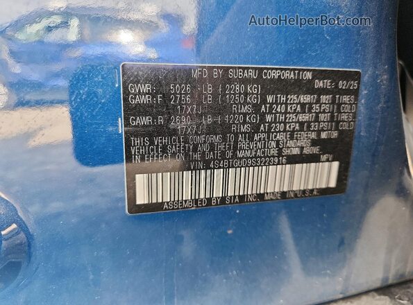 4S4BTGUD9S3223916 2025 SUBARU OUTBACK Синий Вид подкапотного пространства