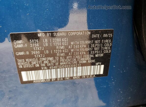 4S4BTGUD9S3309212 2025 SUBARU OUTBACK Blue Вид наклейки з VIN-кодом
