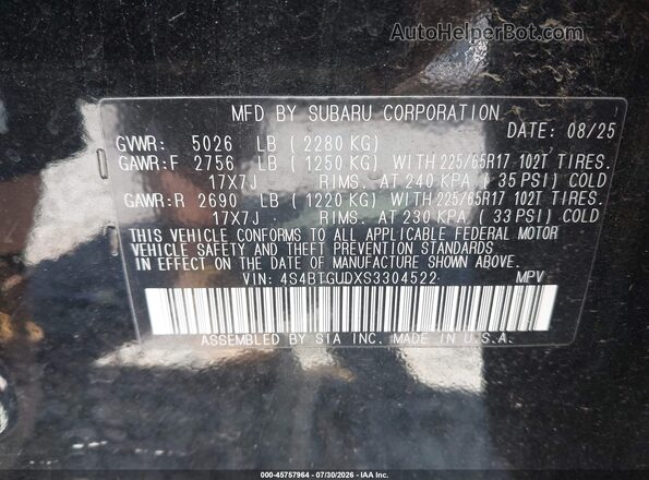 4S4BTGUDXS3304522 2025 SUBARU OUTBACK Black Вид підкапотного простору