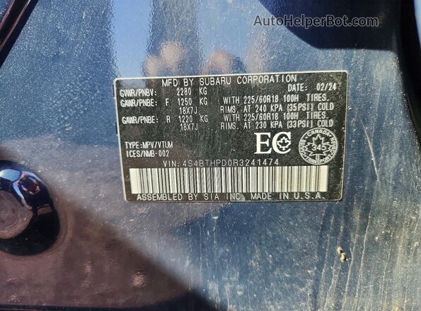 4S4BTHPD0R3241474 2024 SUBARU OUTBACK Blue Շարժիչի բաժամունքի տեսք