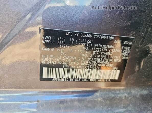 4S4GUHB65T3742671 2026 SUBARU CROSSTREK Gray VIN կոդի պիտակի տեսք