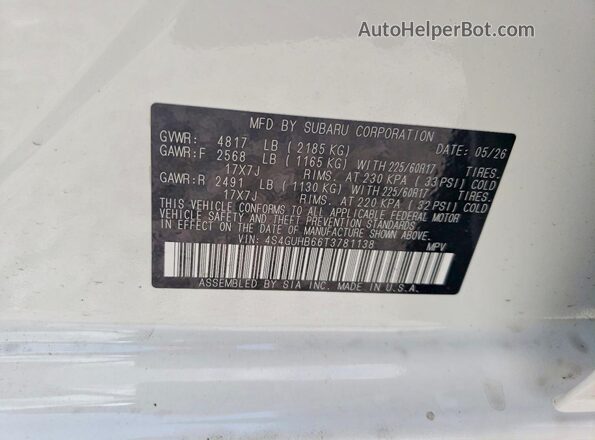 4S4GUHB66T3781138 2026 SUBARU CROSSTREK White VIN sticker view