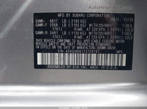 4S4GUHD61T3724147 2026 SUBARU CROSSTREK Gray ძრავის განყოფილების ხედი