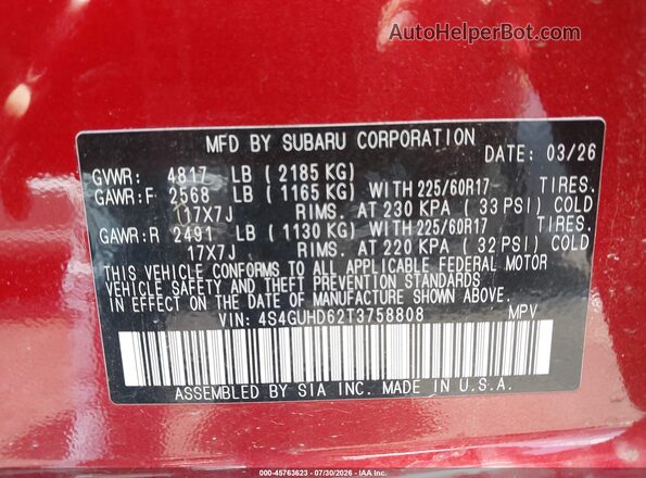 4S4GUHD62T3758808 2026 SUBARU CROSSTREK Red Vista del compartimento del motor