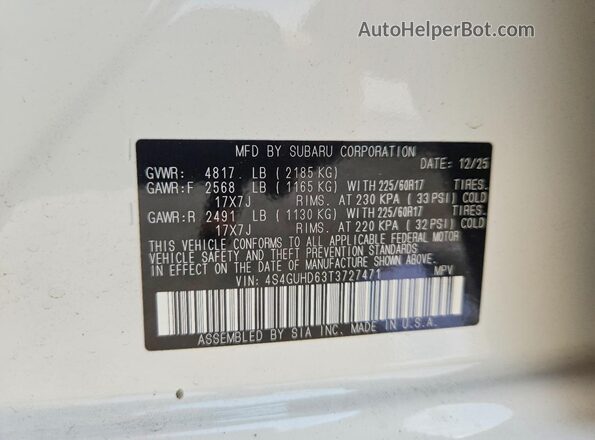 4S4GUHD63T3727471 2026 SUBARU CROSSTREK Белый Вид подкапотного пространства