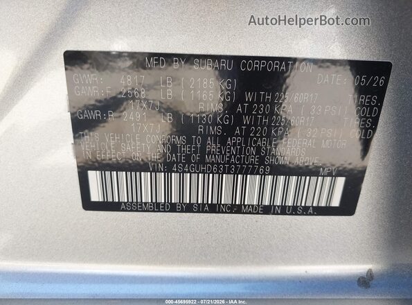 4S4GUHD63T3777769 2026 SUBARU CROSSTREK Silver Вид підкапотного простору