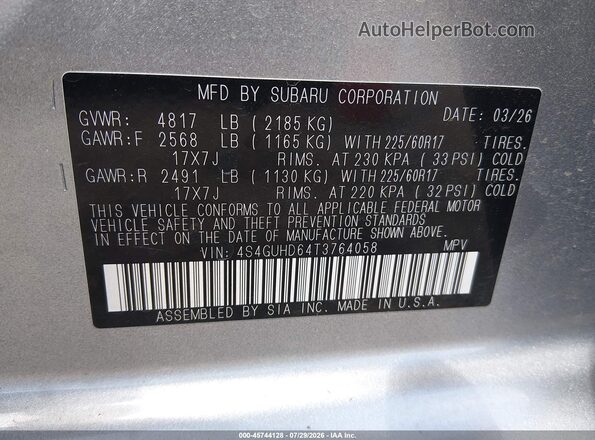 4S4GUHD64T3764058 2026 SUBARU CROSSTREK Silver Widok komory silnika
