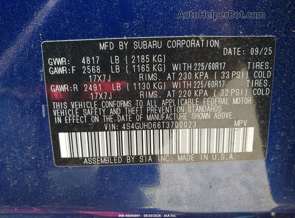 4S4GUHD66T3700023 2026 SUBARU CROSSTREK Blue Vista del compartimento del motor
