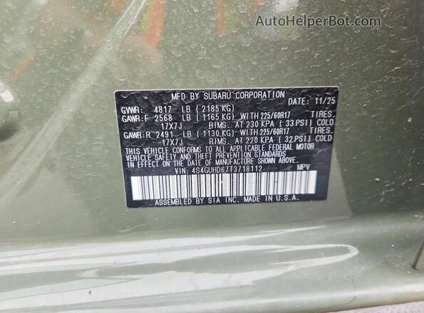 4S4GUHD67T3718112 2026 SUBARU CROSSTREK Green Вид наклейки з VIN-кодом