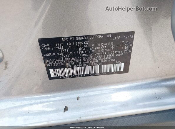 4S4GUHD67T3720765 2026 SUBARU CROSSTREK Silver Вид підкапотного простору