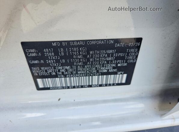 4S4GUHD69T3747501 2026 SUBARU CROSSTREK Белый Вид наклейки с VIN-кодом