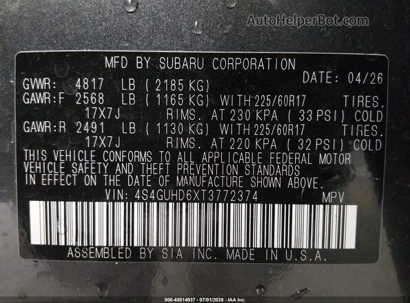 4S4GUHD6XT3772374 2026 SUBARU CROSSTREK Gray Շարժիչի բաժամունքի տեսք