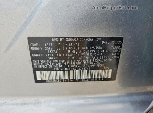 4S4GUHF62S3748744 2025 SUBARU CROSSTREK Серебряный Вид наклейки с VIN-кодом
