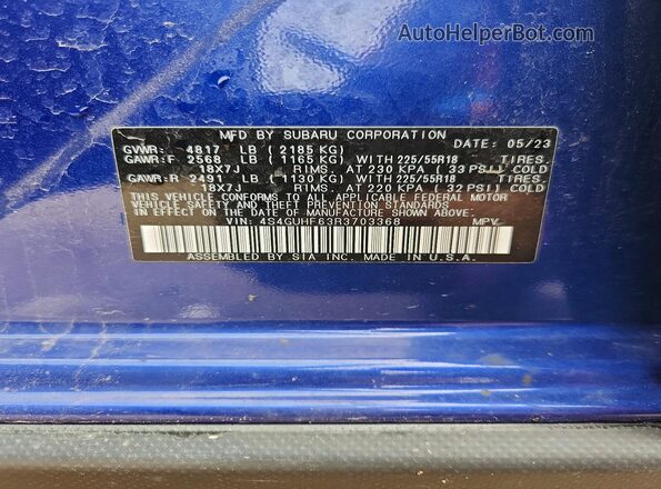 4S4GUHF63R3703368 2024 SUBARU CROSSTREK Blue Engine compartment view