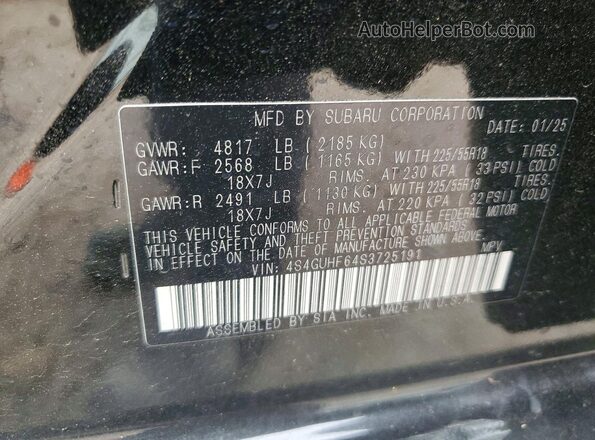 4S4GUHF64S3725191 2025 SUBARU CROSSTREK Черный Вид наклейки с VIN-кодом